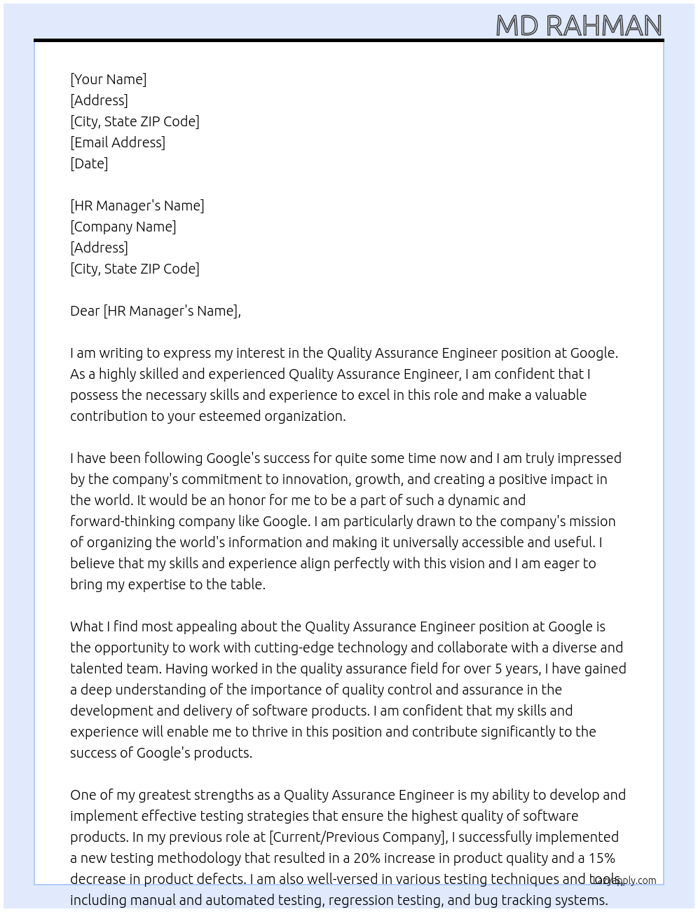 Quality Assurance Engineer At Google Cover Letter