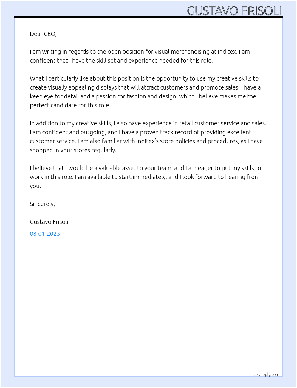 visual merchandising At Inditex Cover Letter