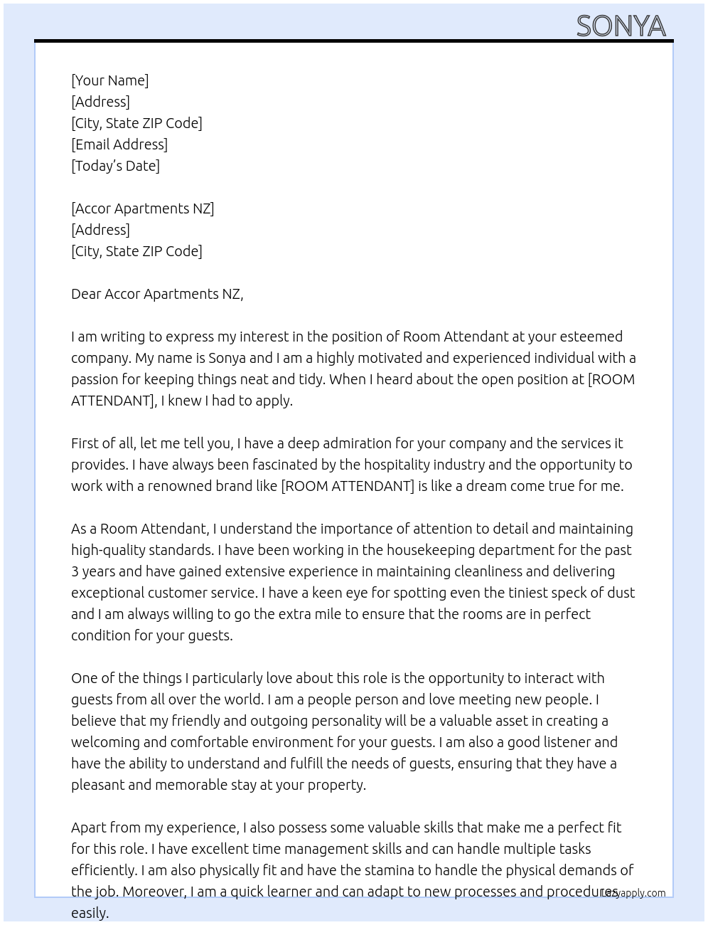 Room attendant  At ROOM ATTENDANT  Cover Letter