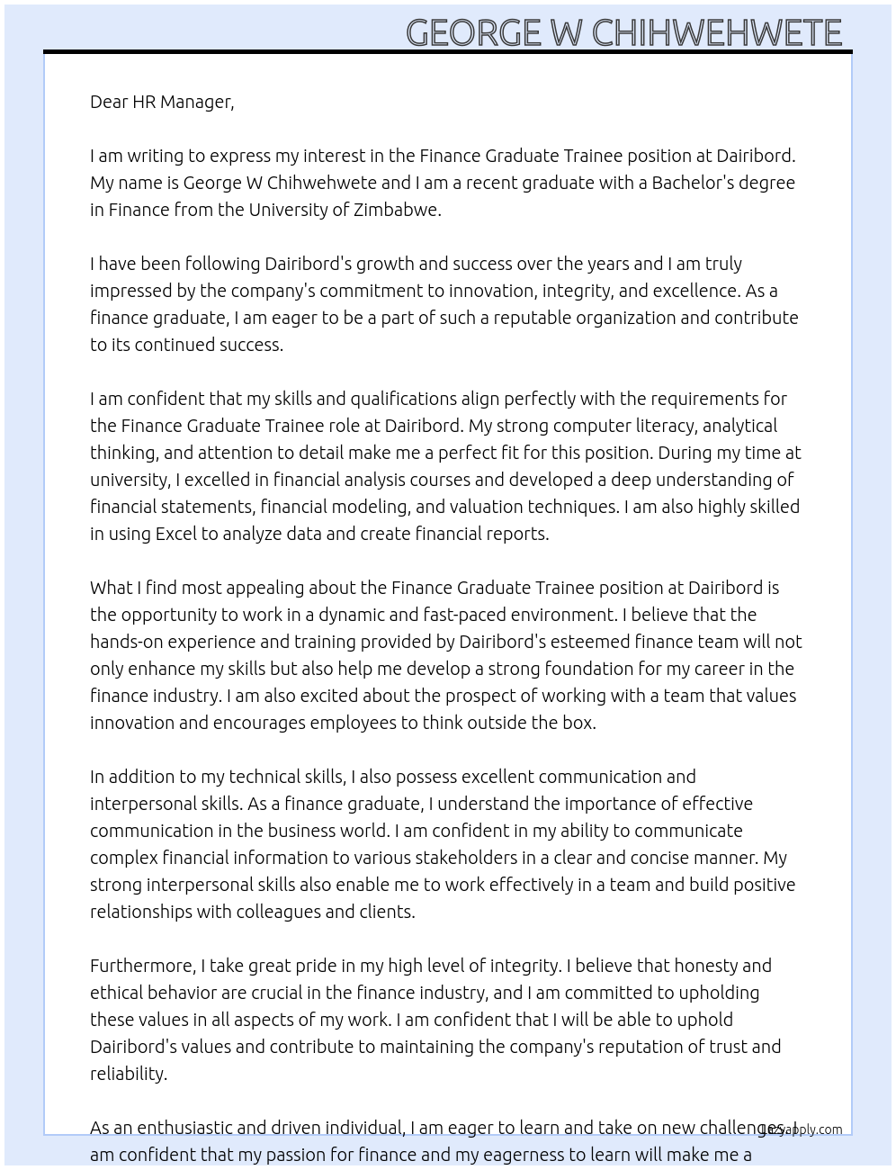 Finance graduate trainee At Dairibord Cover Letter