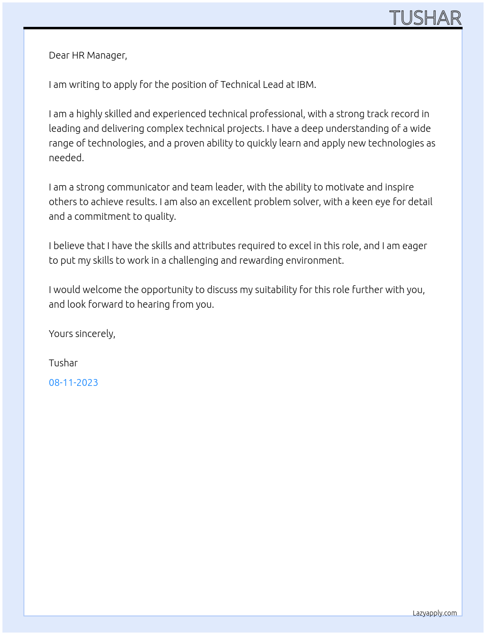 Technical Lead At IBM Cover Letter