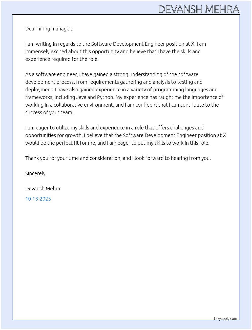Software Development Engineer At X Cover Letter