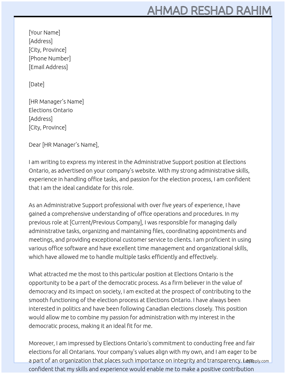 Administrative Support At Elections Ontario Cover Letter