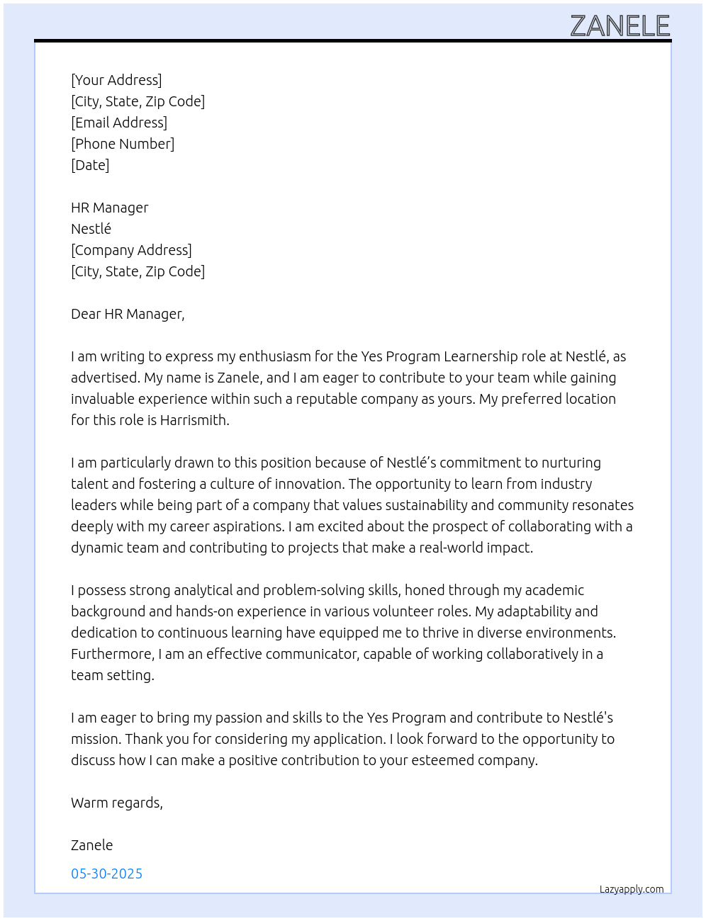 Yes program At Nestle Cover Letter