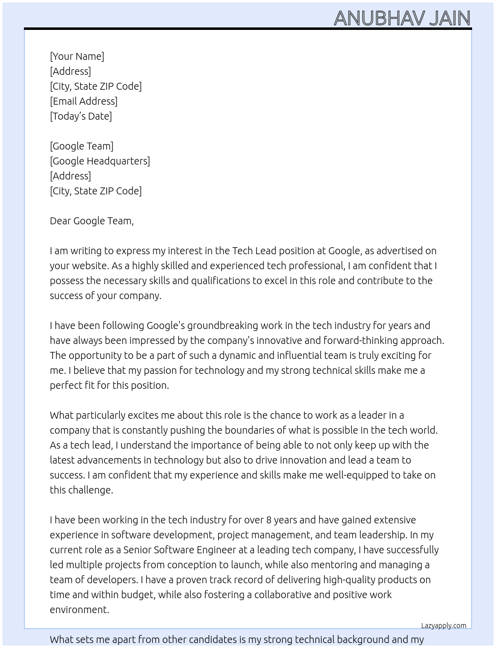 Tech Lead At Google Cover Letter