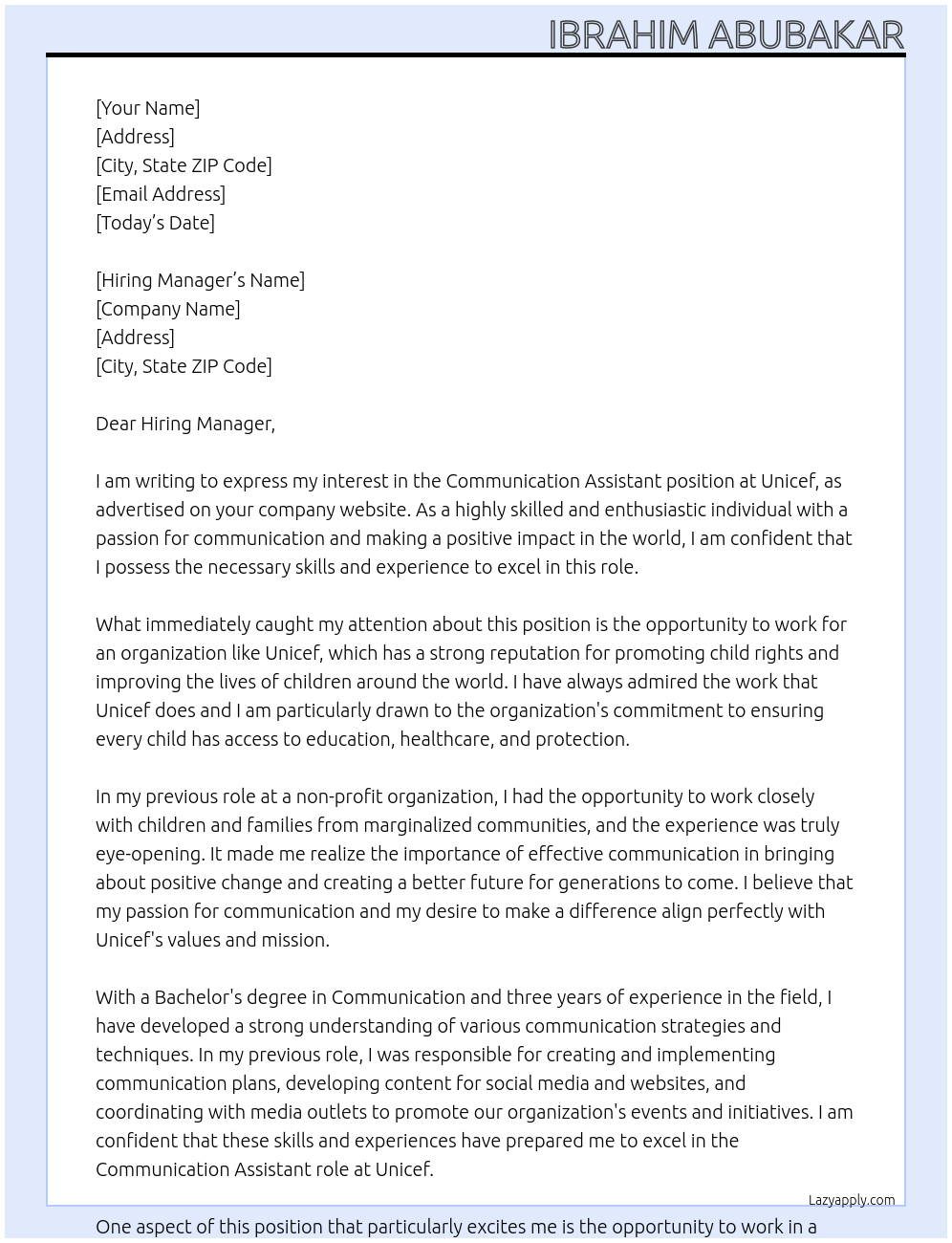 Communication Assistant  At Unicef Cover Letter