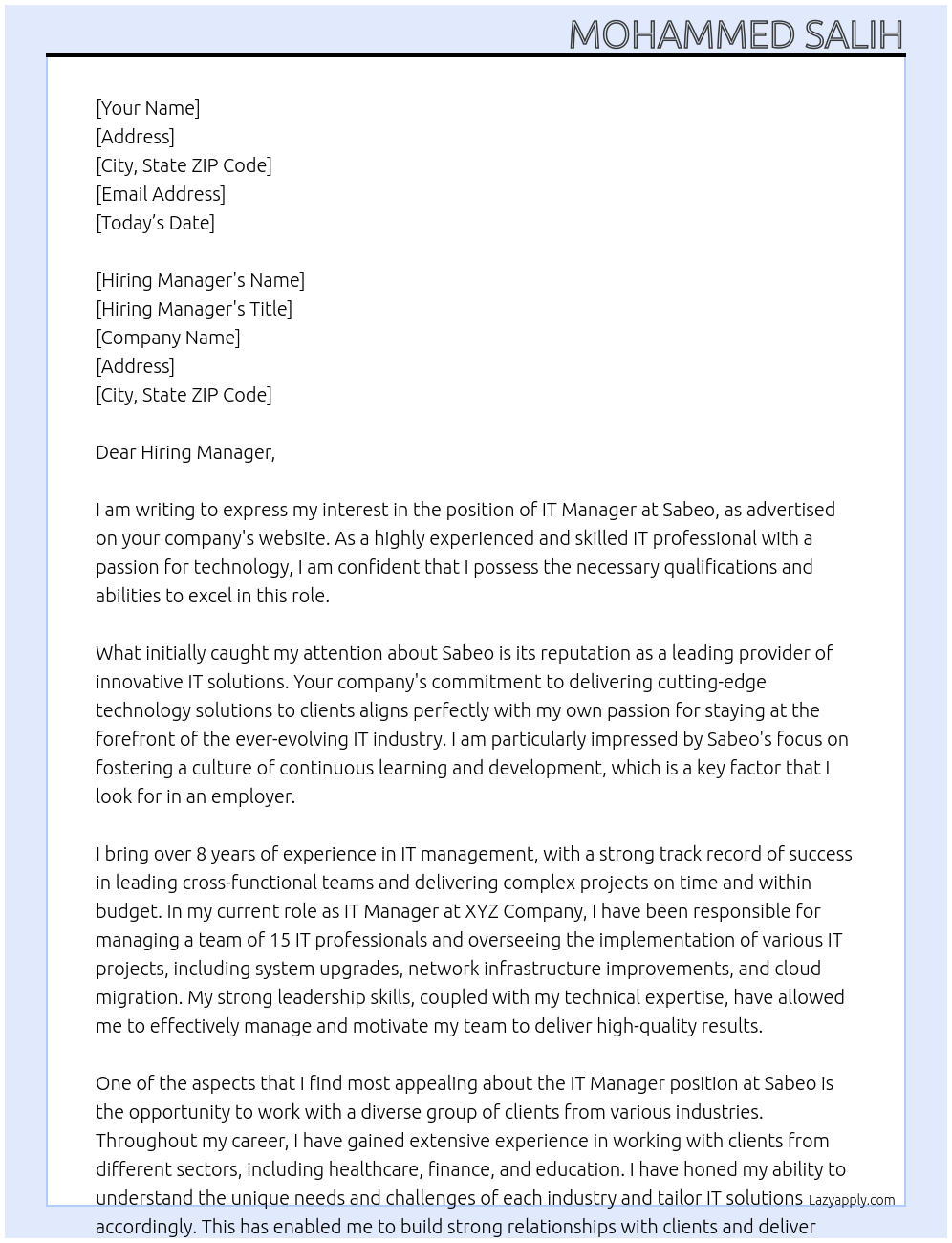 IT Manager At Sabeo Cover Letter
