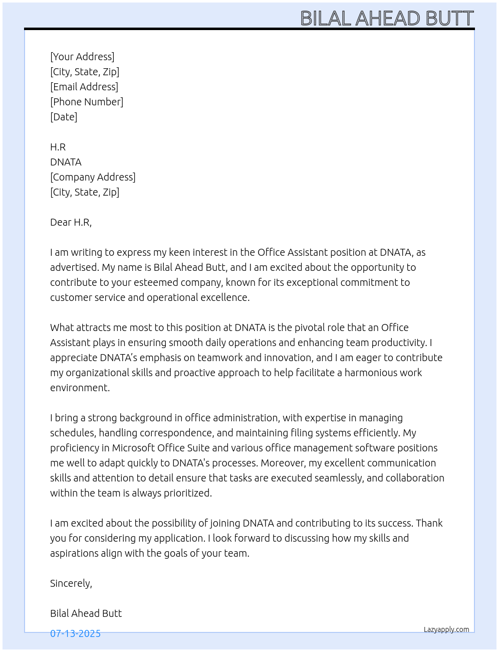 Office ASSISTANT  At DNATA  Cover Letter