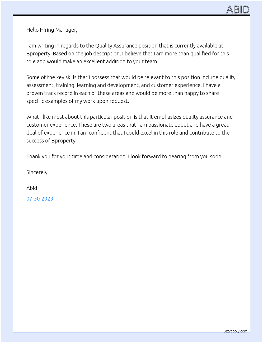 Quality Assurance  At Bproperty Cover Letter