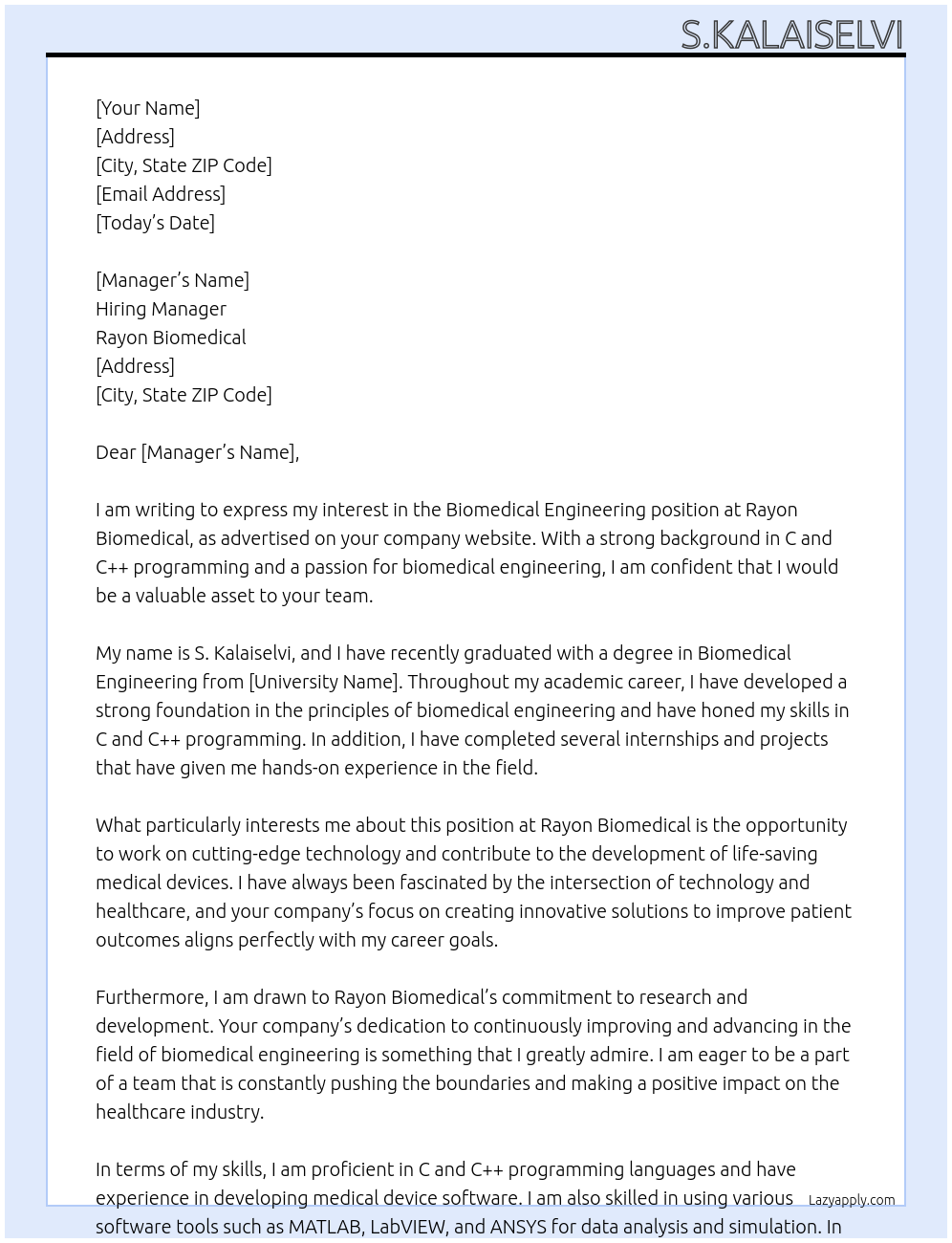 Biomedical engineering  At Rayon biomedical  Cover Letter