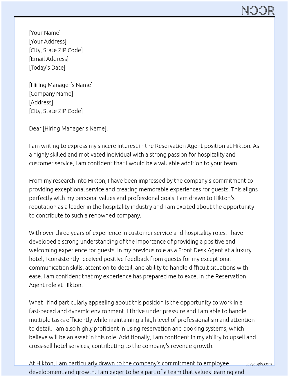 Reservation agent  At Hikton Cover Letter