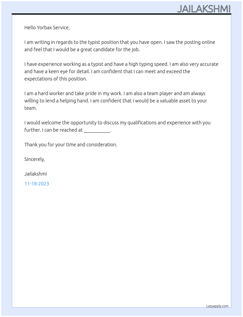 Typist At yorbax service Cover Letter
