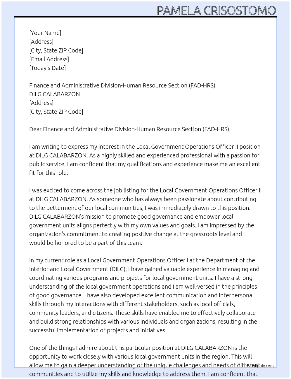 Local Government Operations Officer II  At DILG CALABARZON  Cover Letter