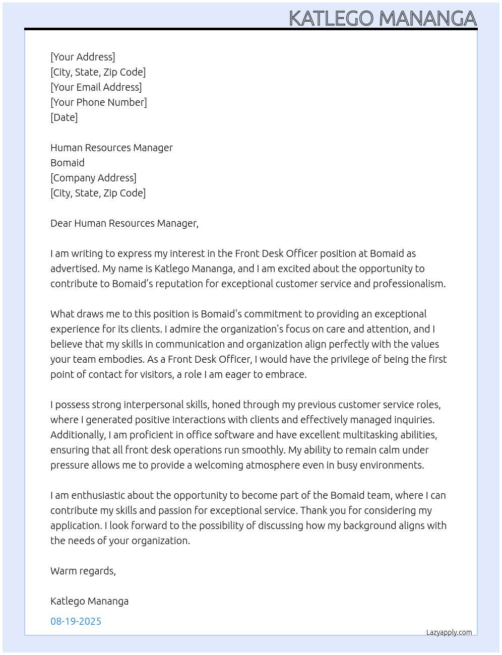 Cover letter for front desk officer - LazyApply