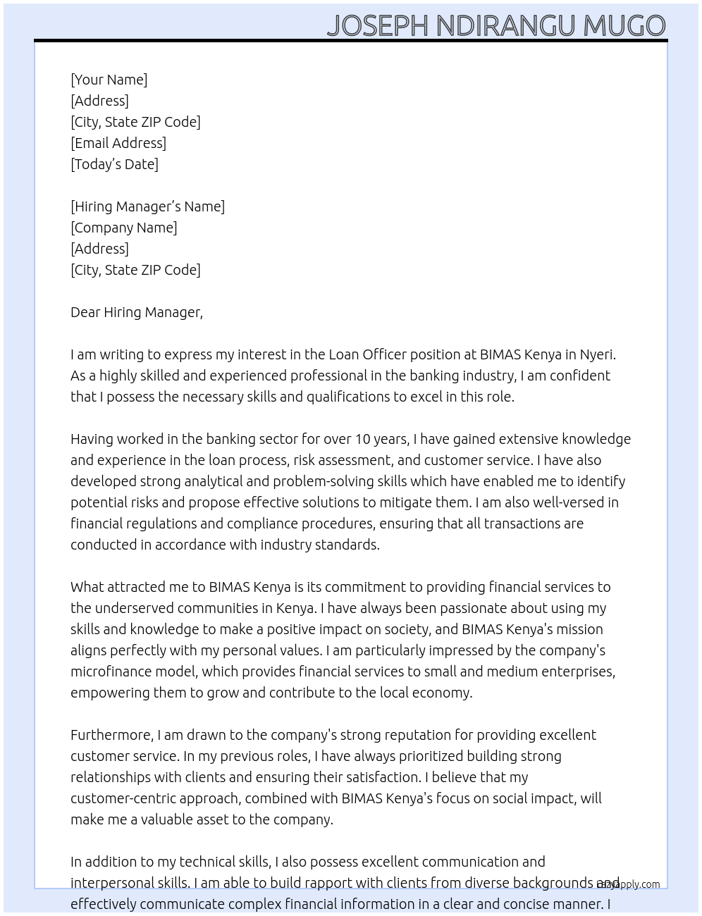 Loan officer At BIMAS Kenya Cover Letter