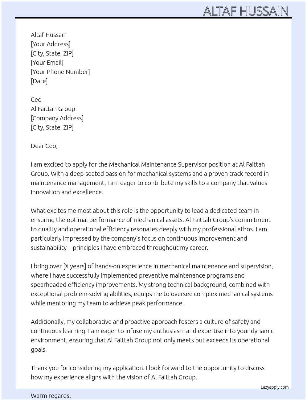 Cover letter for mechanical maintenance supervisor - LazyApply