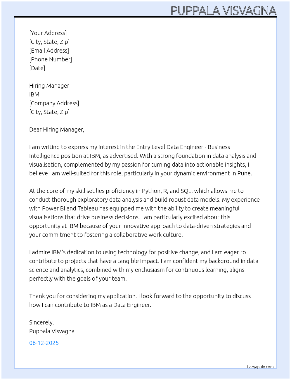 Data Engineer-Business Intelligence At IBM Cover Letter