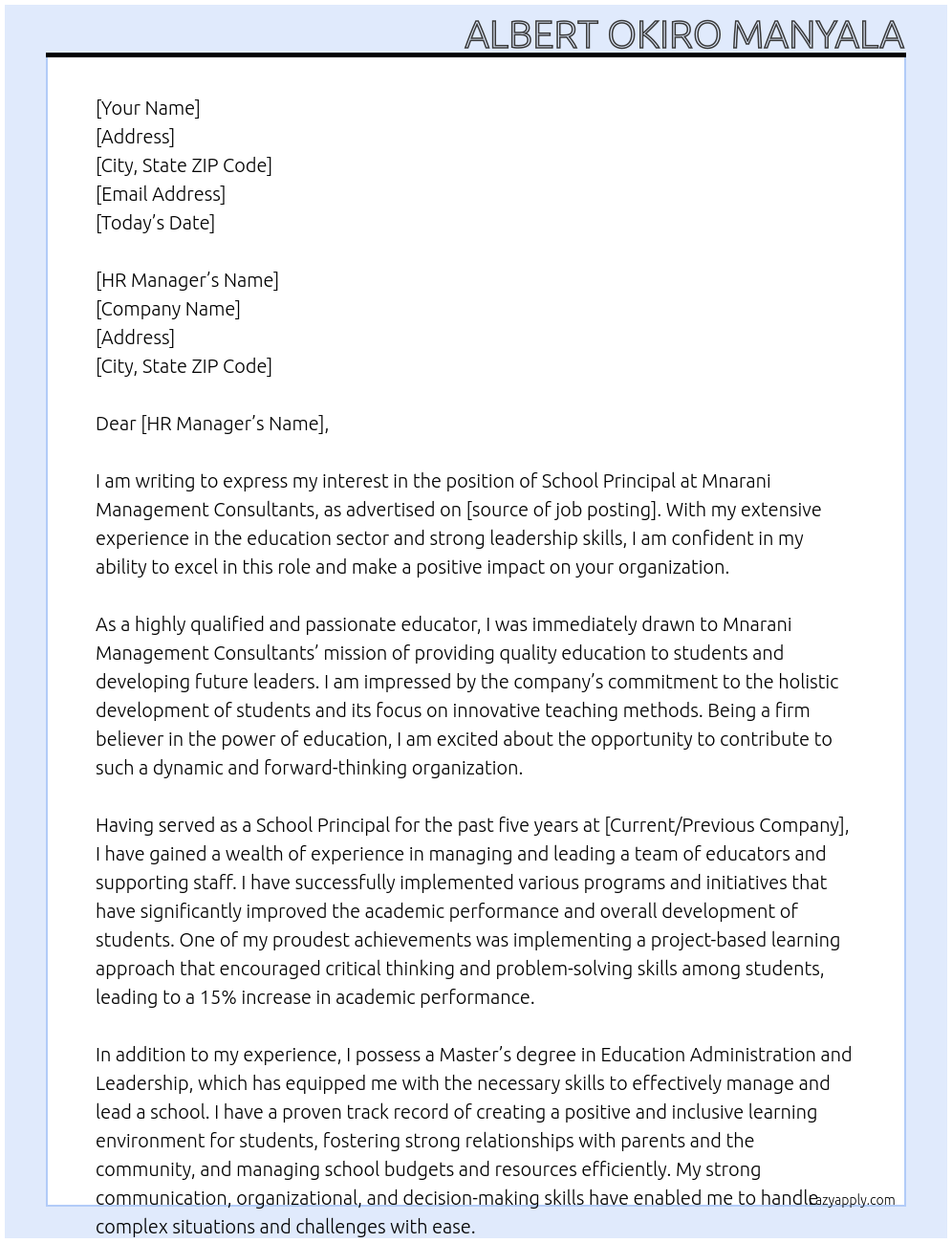 school principal At Mnarani Mnagement Consultants Cover Letter