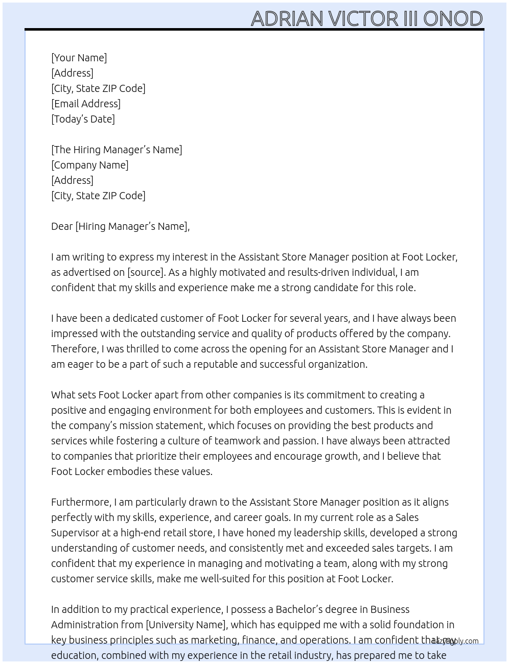 Assistant Store Manager At Foot Locker Cover Letter