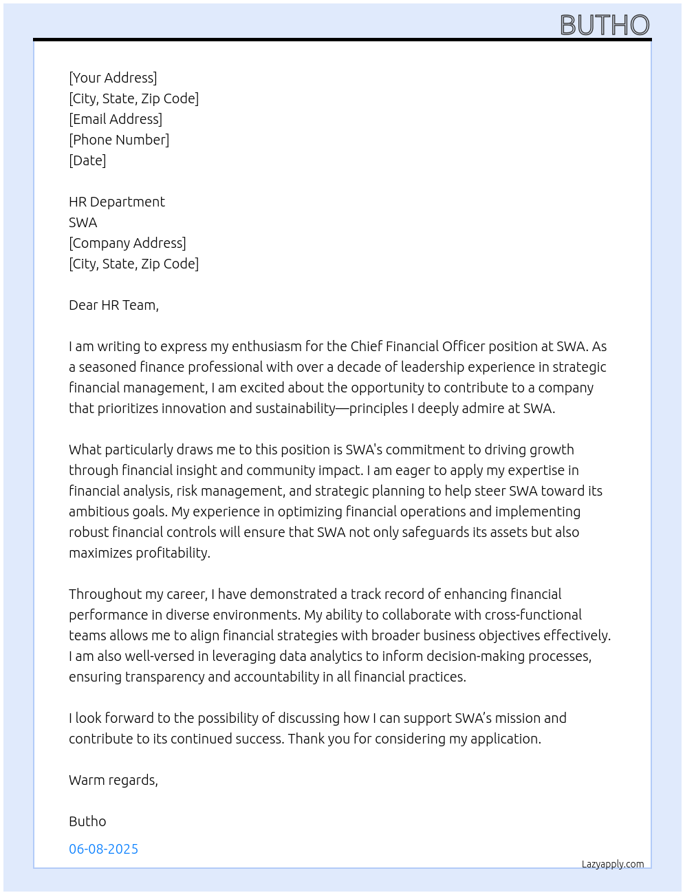 Chief Financial Officer At swa Cover Letter