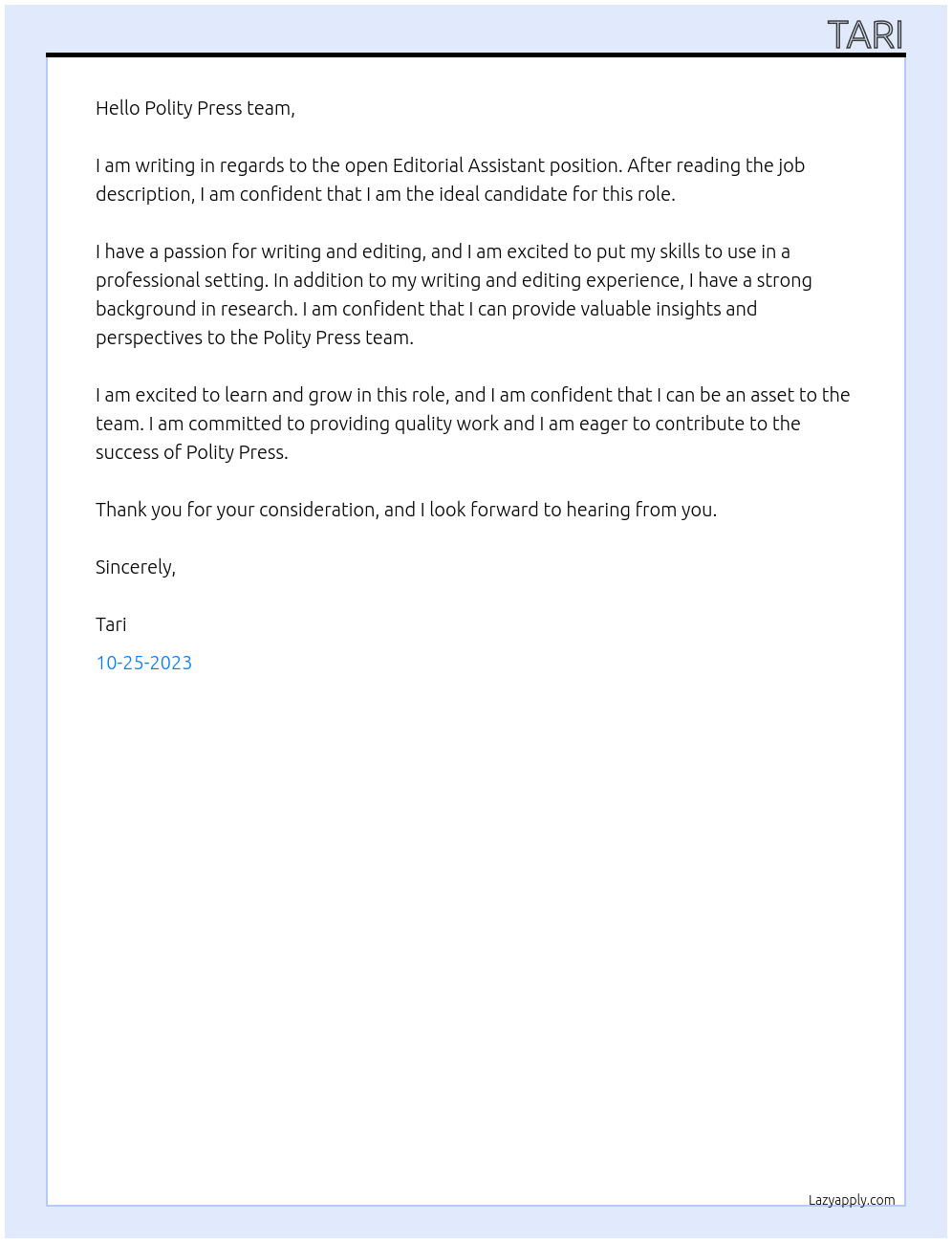 Editorial Assistant At Polity  Cover Letter