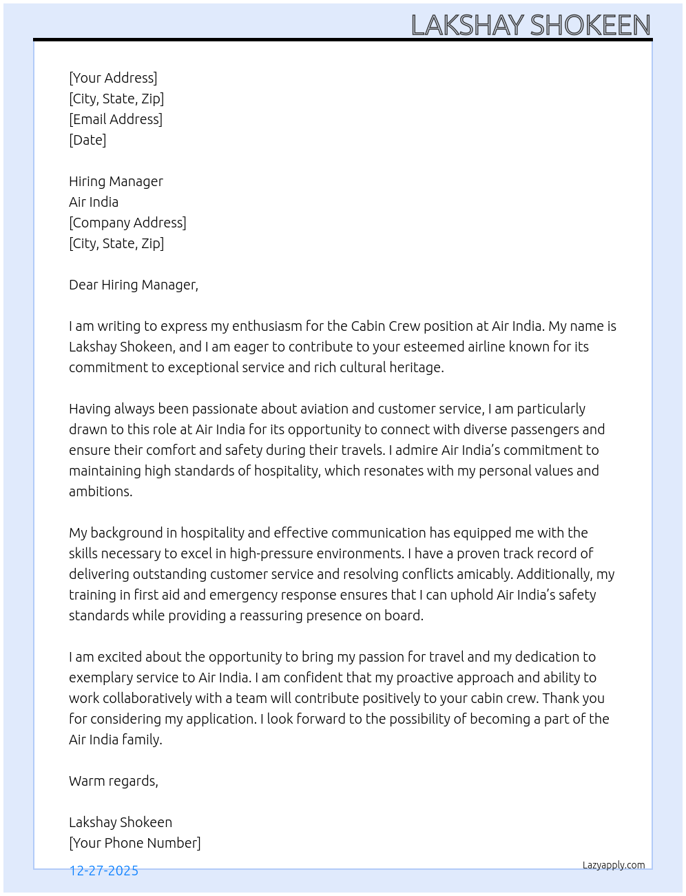 cabin crew  At air india Cover Letter