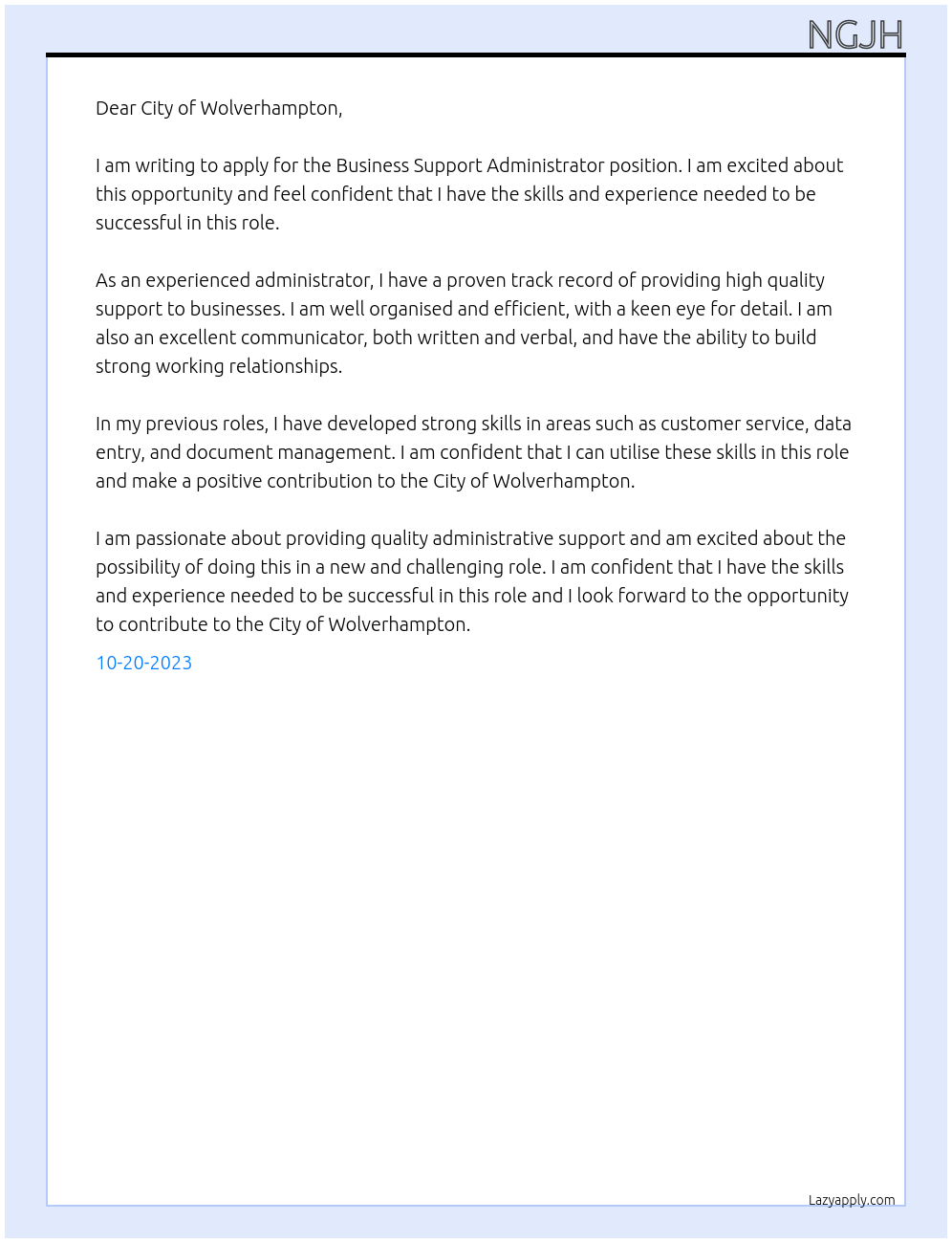 Business Support Administrator At city of wolverhmapton Cover Letter