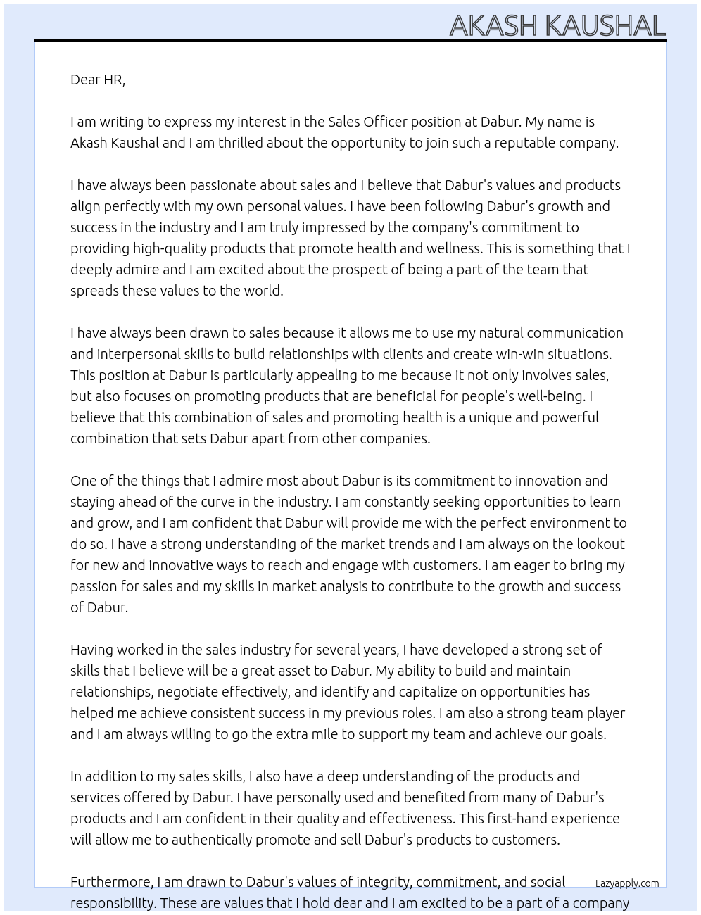 Sales officer At Dabur Cover Letter