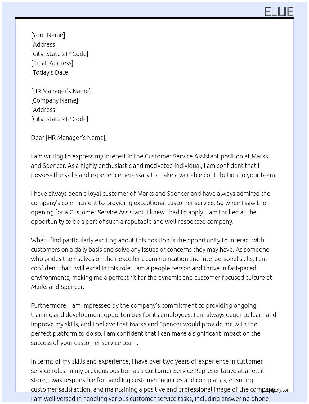 Customer service assistant At Marks and spencer Cover Letter