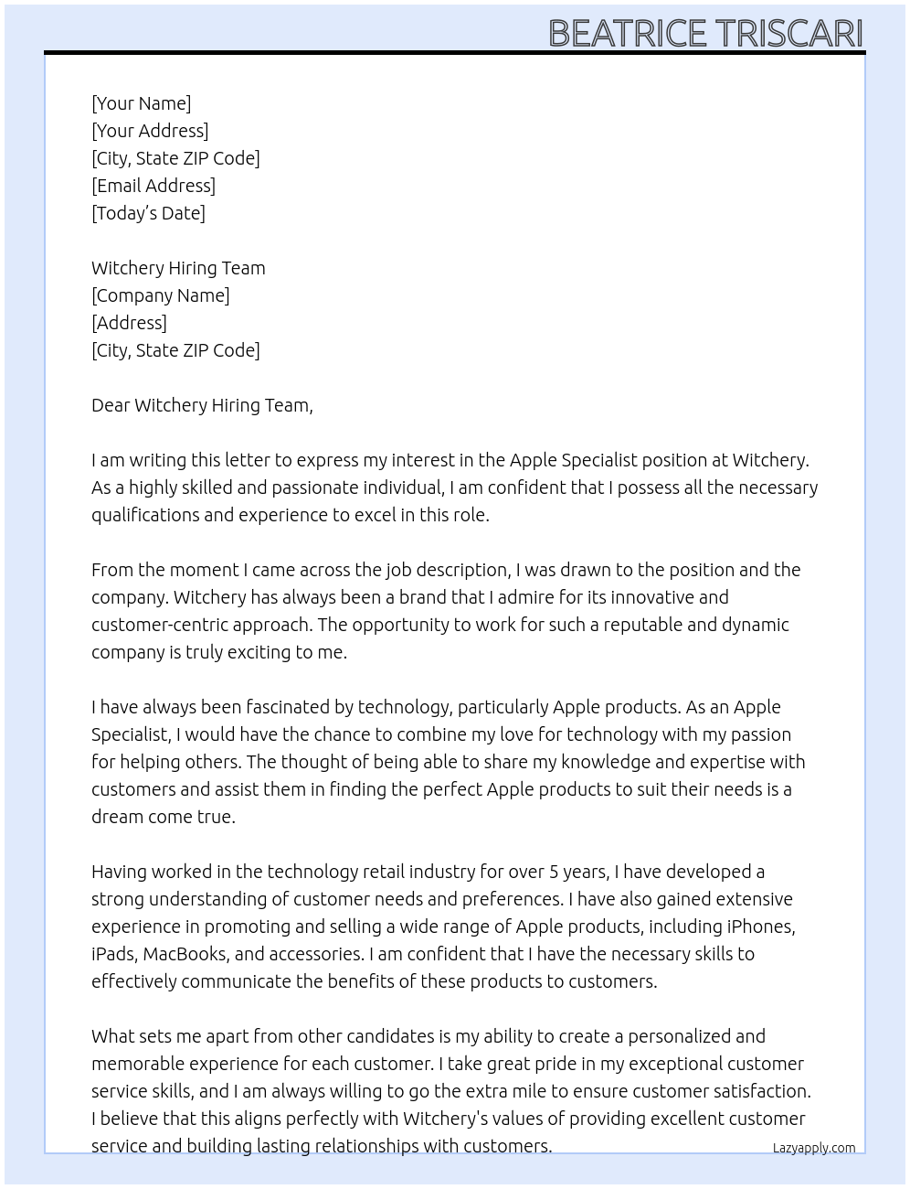 Apple specialist At Witchery  Cover Letter