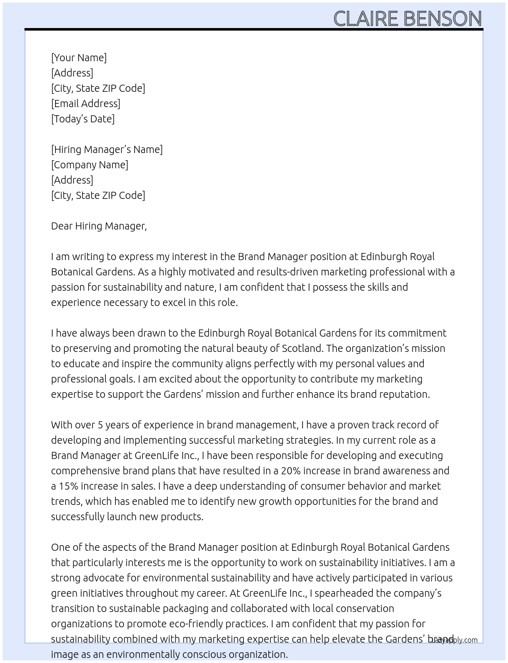 Brand Manager At Edinburgh Royal Botanical Gardens Cover Letter