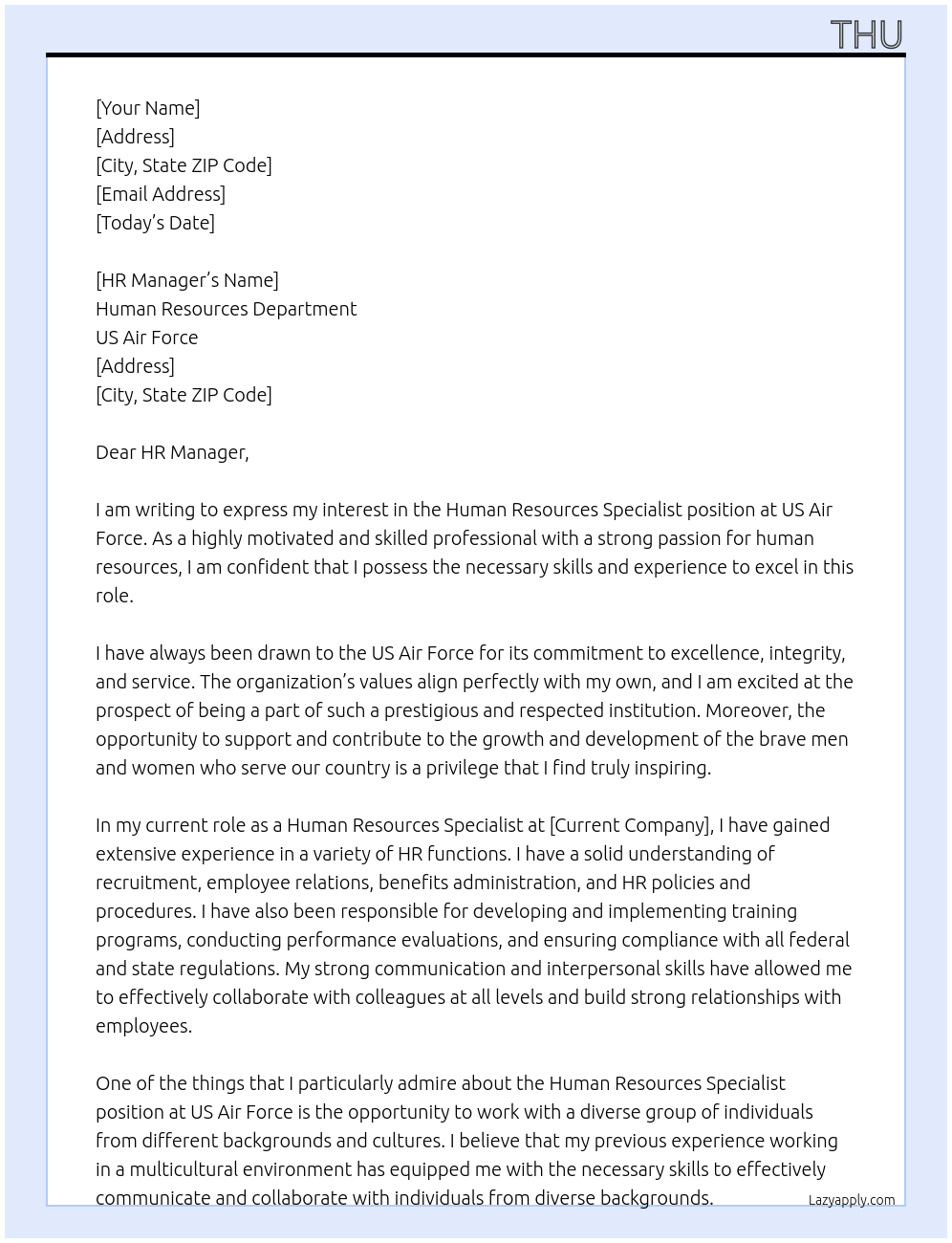 Human Resources Specialist At US Air Force Cover Letter