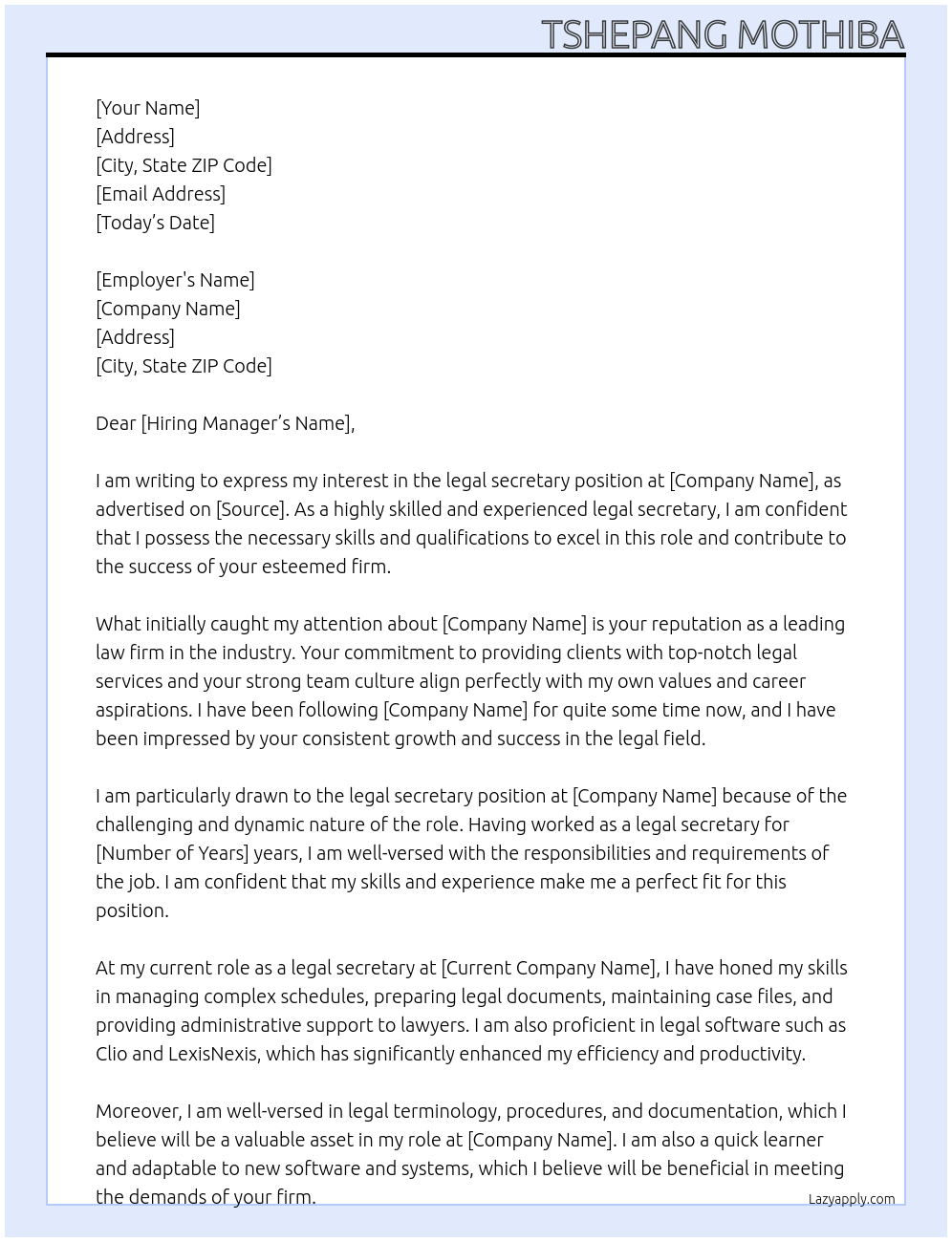 legal secretary At ensafrica Cover Letter
