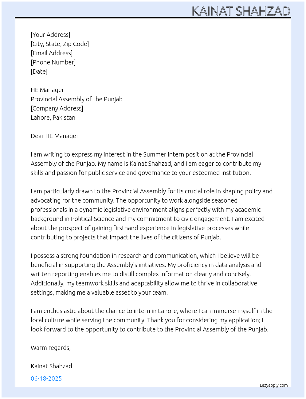 Summer Intern At Provincial Assembly of the Punjab Cover Letter