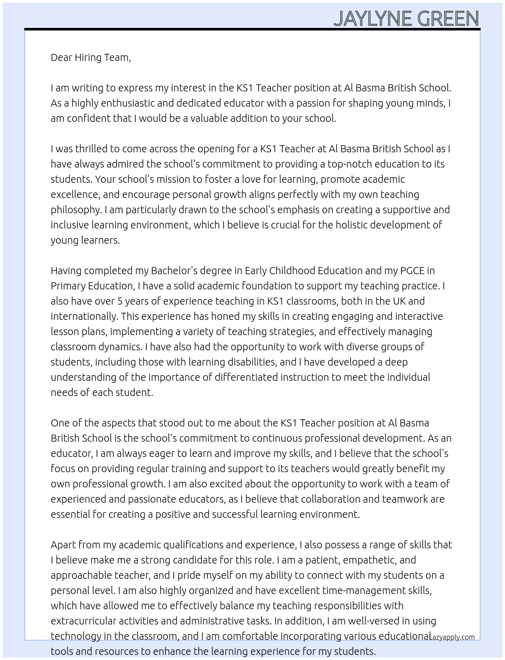 KS1 Teacher  At Al Basma British School Cover Letter