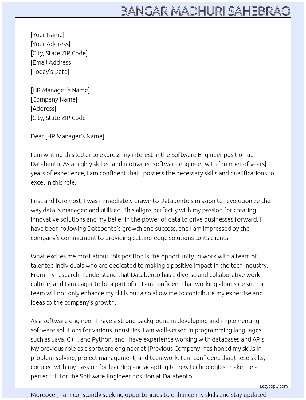 software engineer At Databento Cover Letter