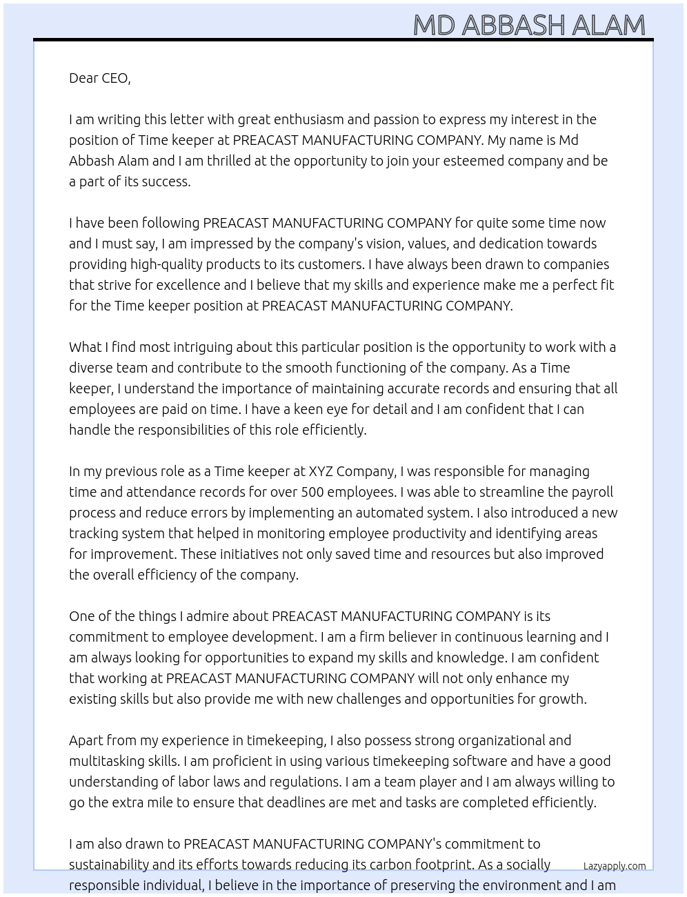 Time keeper  At PREACAST MANUFACTURING COMPANY  Cover Letter