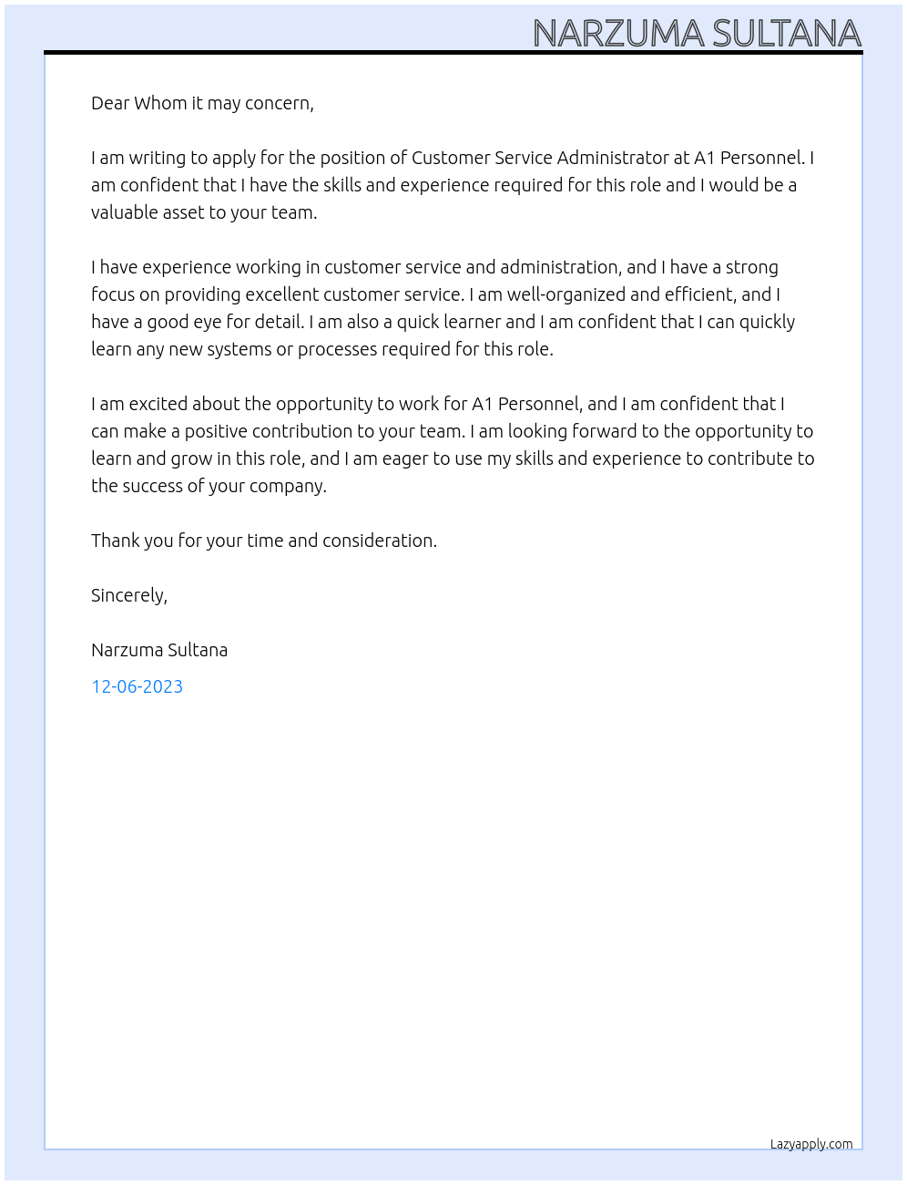 Customer service administrator  At A1 Personnel Cover Letter