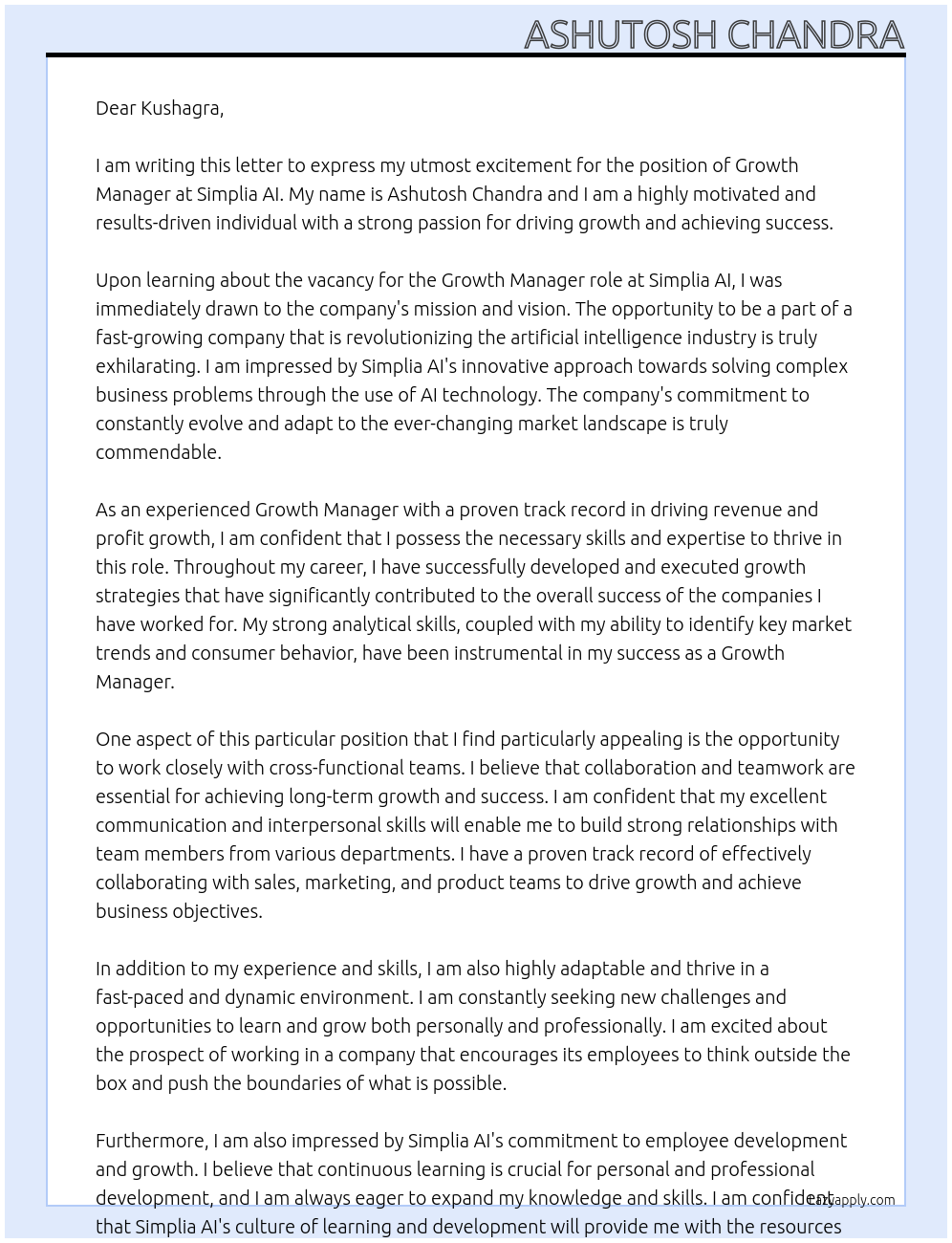 Growth Manager At Simplia AI Cover Letter
