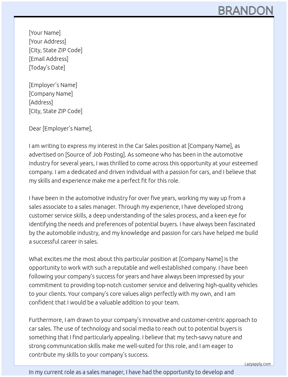 Car sales At NA Cover Letter