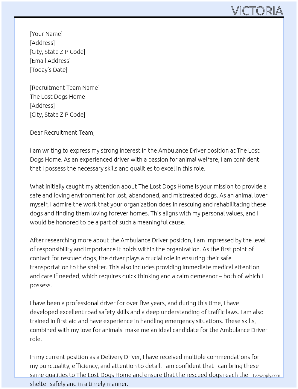Ambulance Driver At The Lost Dogs Home Cover Letter