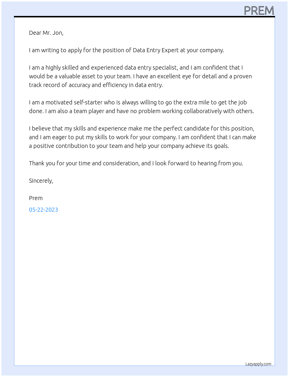 Data Entry Expert At your company Cover Letter