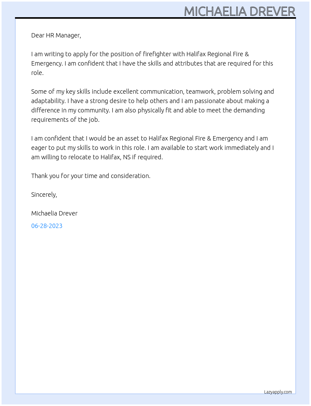 Firefighter At Halifax Regional Fire & Emergency Cover Letter