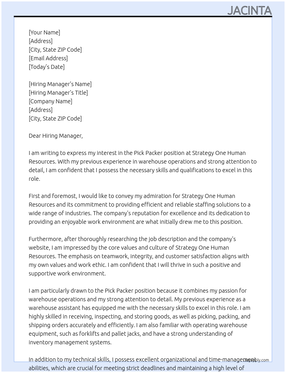 Pick Packer At Strategy One Human Resources Cover Letter