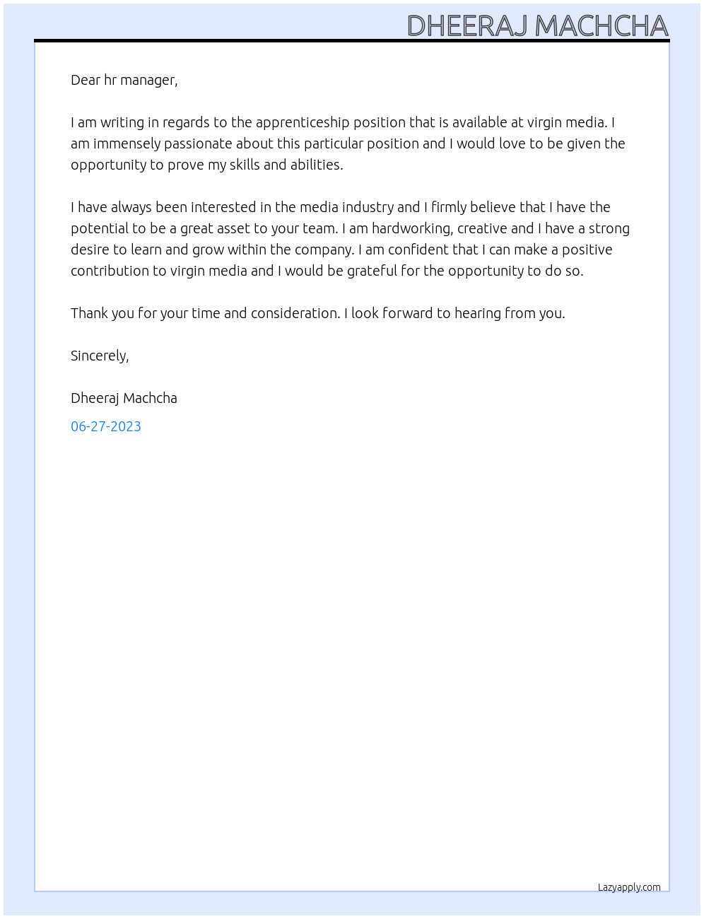 apprenticeship At virgin media Cover Letter