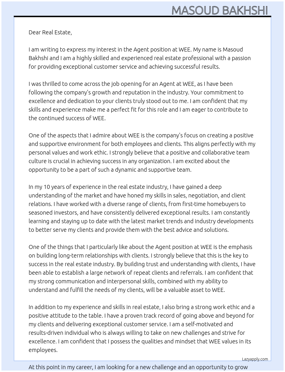 agent At wee Cover Letter