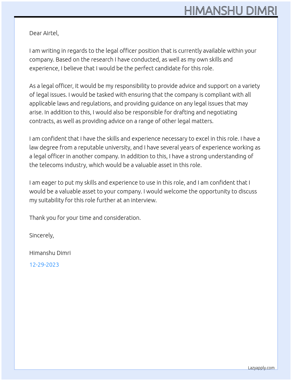 legal At airtel Cover Letter