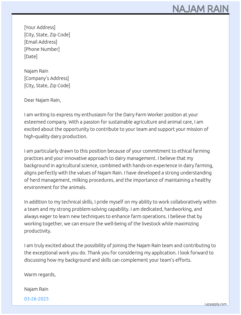 Dairy farm worker At Najam Rain Cover Letter