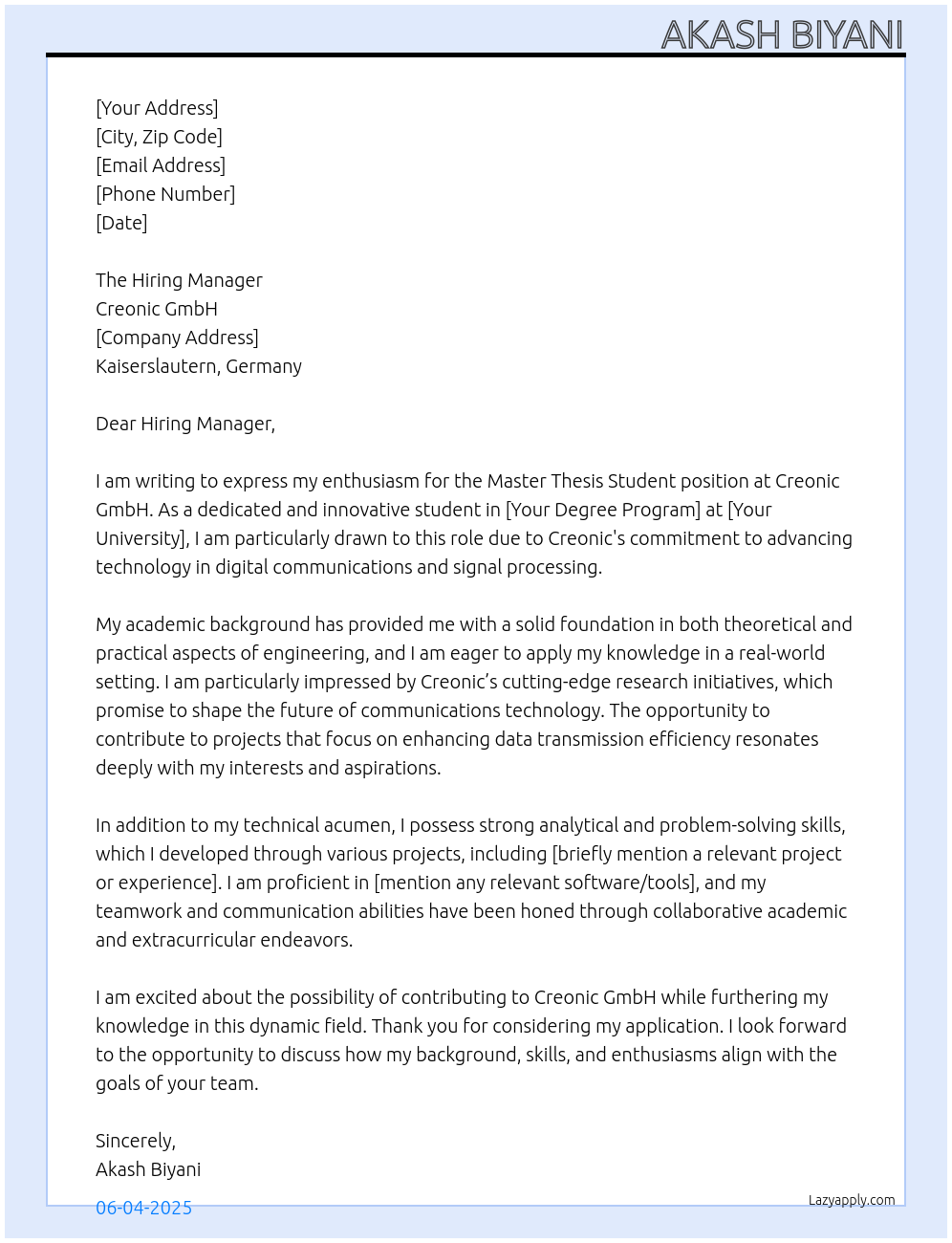 Cover letter for master thesis student - LazyApply