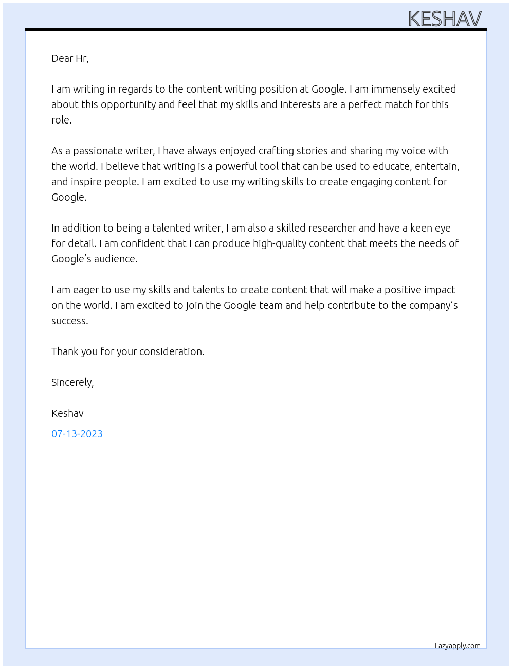 Content writing At Google Cover Letter